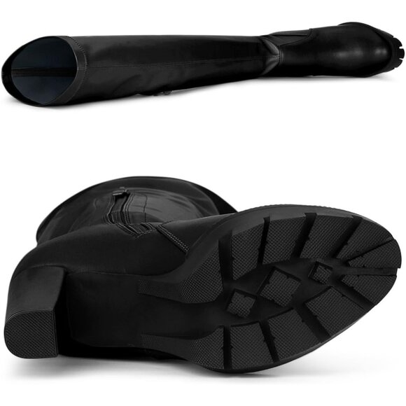 Women's Black Platform Boots Chunky Heel Over Knee High Rounded Toe Long Boots - Picture 6 of 6